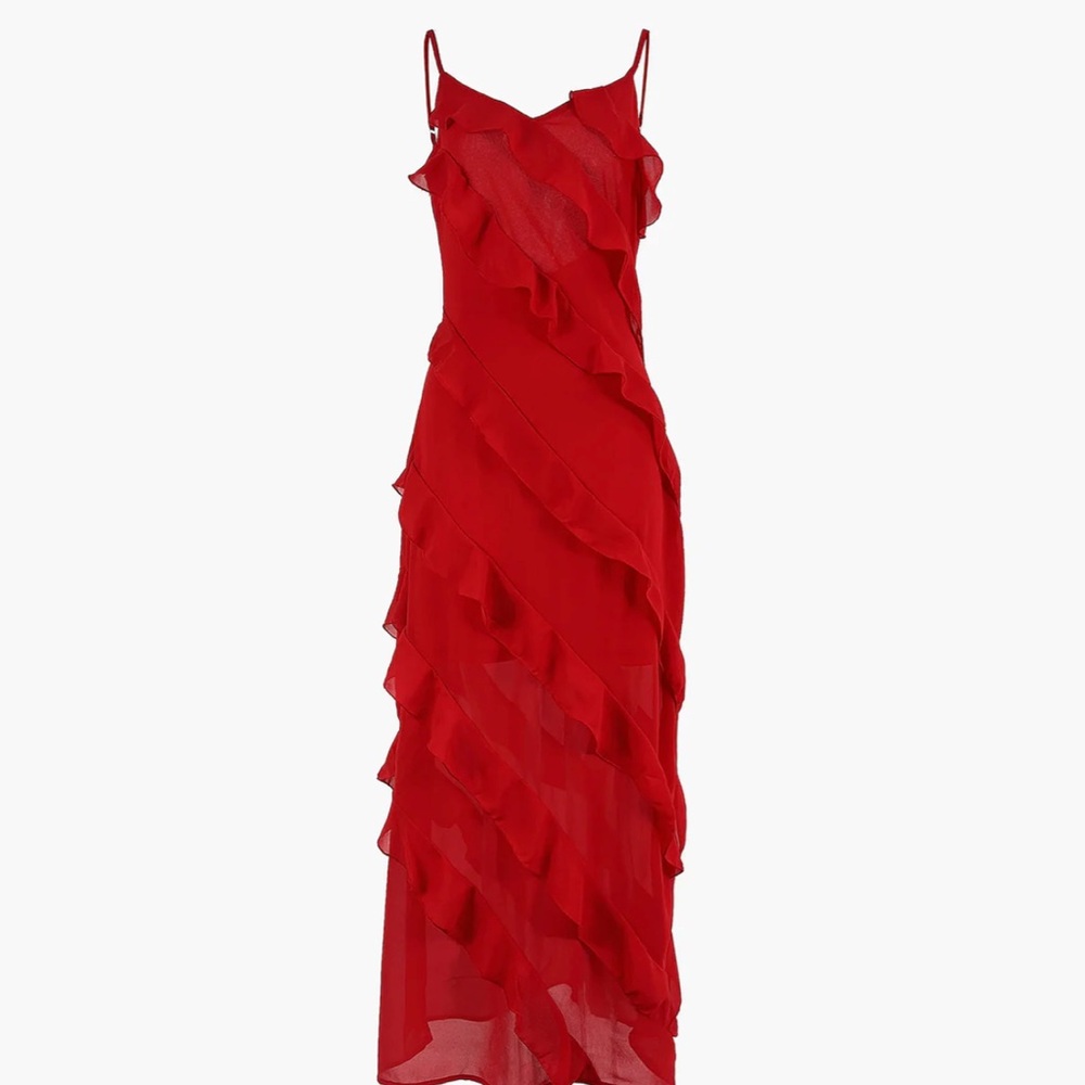 Commense Red Semi-Sheer Ladder Ruffle Zippered Long Dress